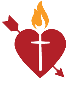 A broken red heart pierced by an arrow, with a flame on top of the heart and a cross inside the heart.