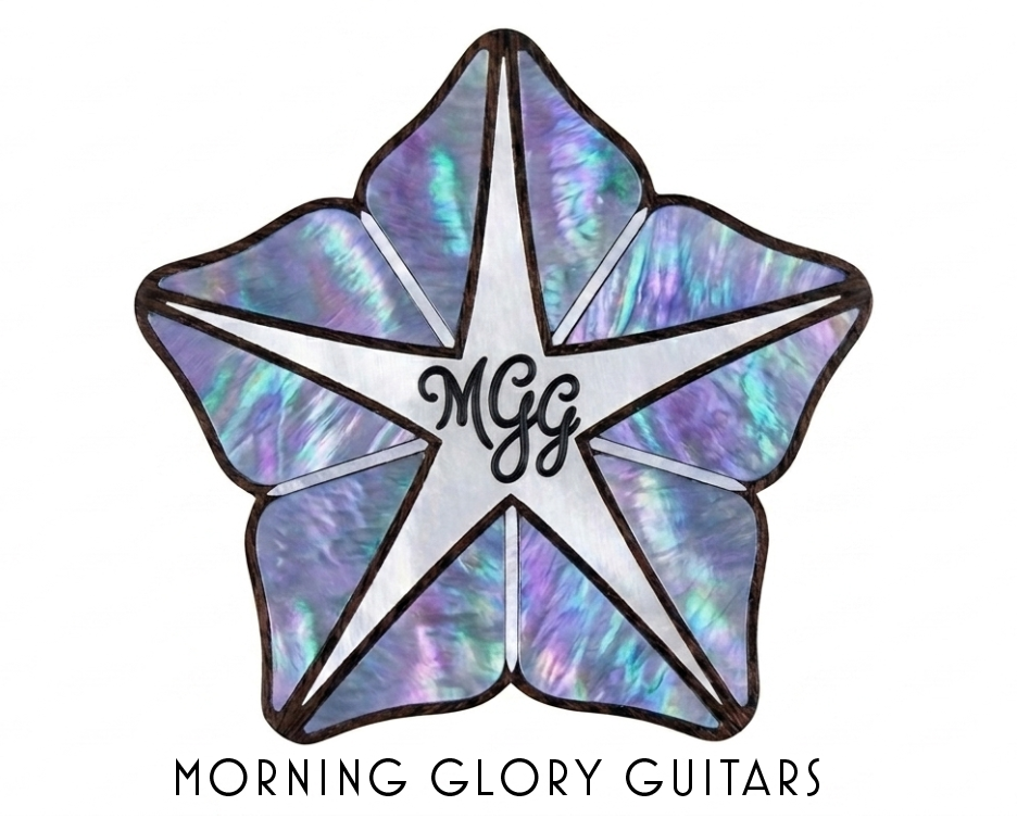 A morning glory image with iridescent blue and purple shell-like material, black outline, and the initials 'MGG' in the center. Below, the text reads 'Morning Glory Guitars'.