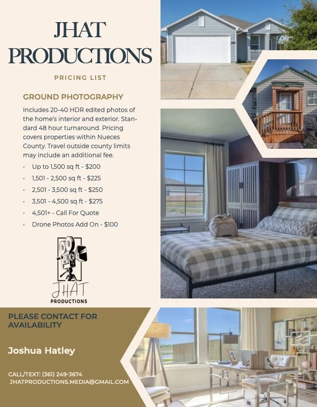 Pricing list for ground photography services by Jhat Productions, including photos of interior and exterior of homes, with contact information for Joshua Hatley.