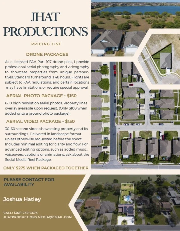 Flyer for JHAT Productions listing drone photography and videography services with pricing and contact information. Includes aerial photos of neighborhoods and property.