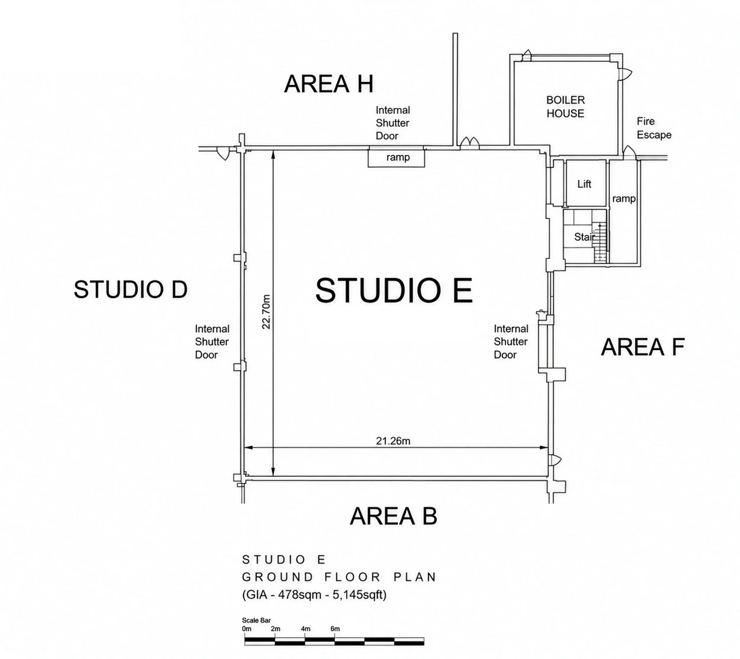 Floor plan of the ground floor for Studio E, including labeled areas such as Area H, Area F, Area B, Studio D, and Studio E, with dimensions and labels for internal shutter doors, ramps, a lift, a stairway, and a boiler house.