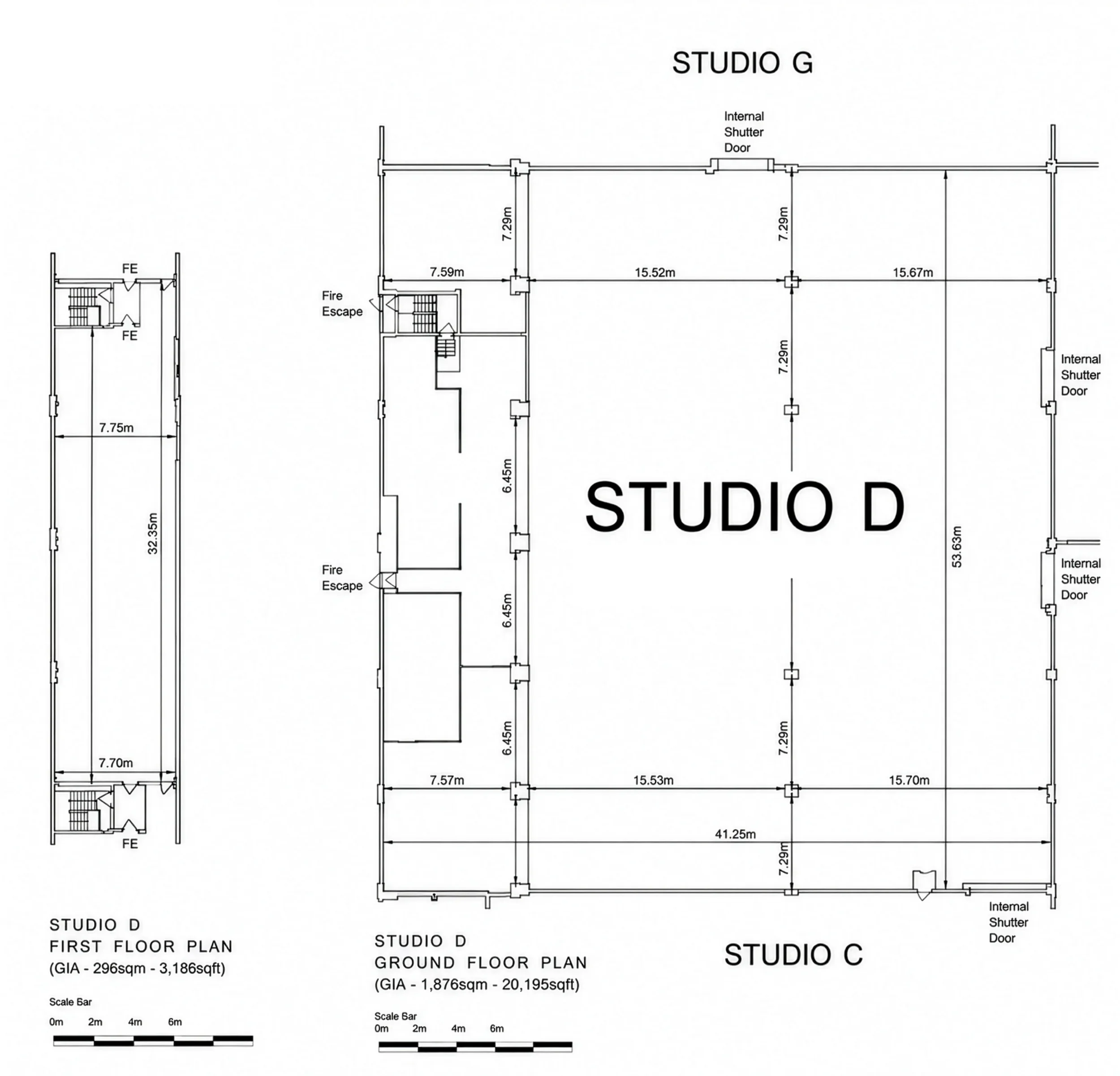 Floor plan of a building with labeled rooms including Studio G, Studio D, and Studio C, with dimensions and features such as internal shutters and fire escapes.