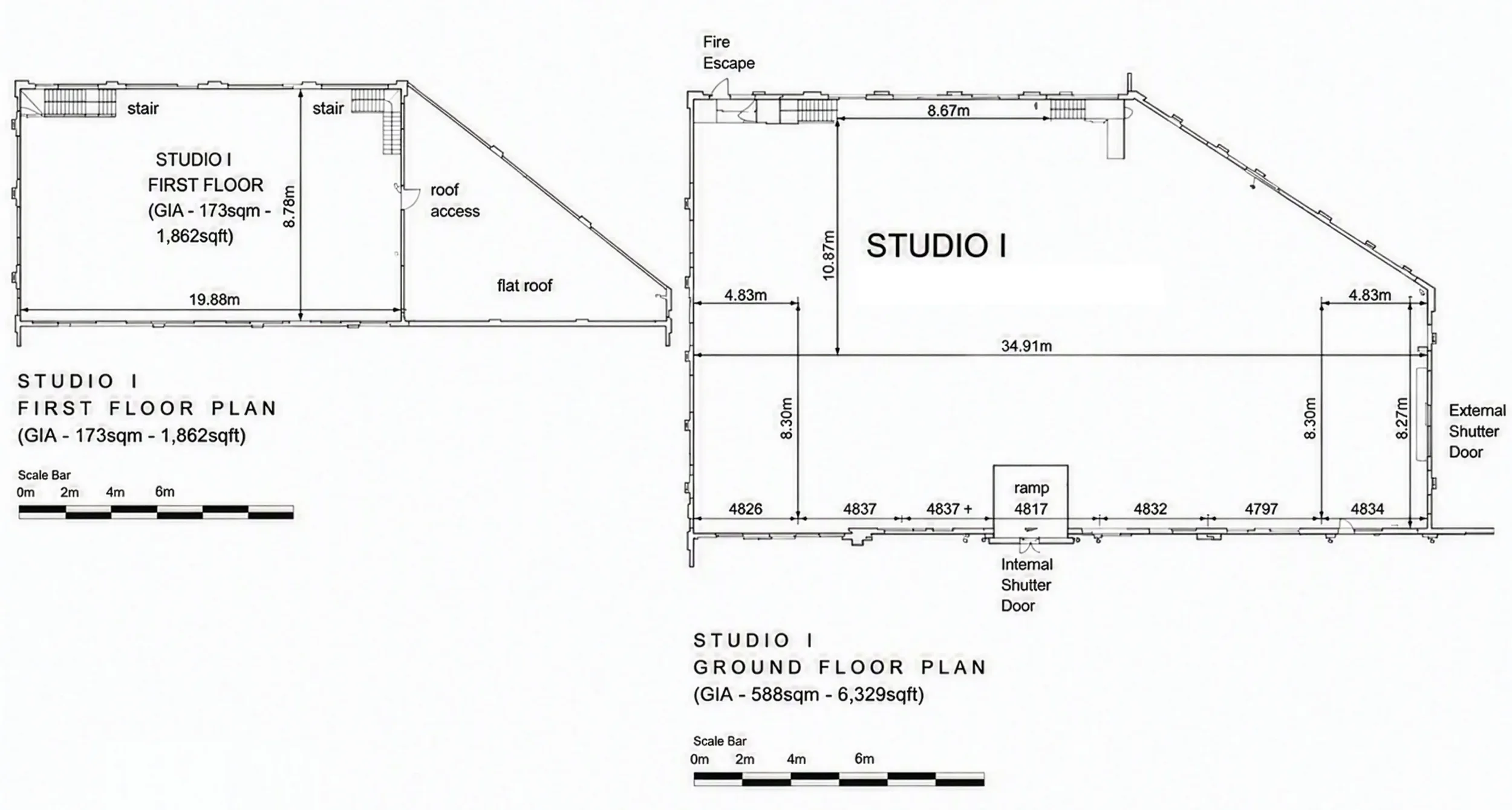 Architectural floor plan of a studio with ground and first floors, indicating dimensions, doors, staircases, and escape routes.
