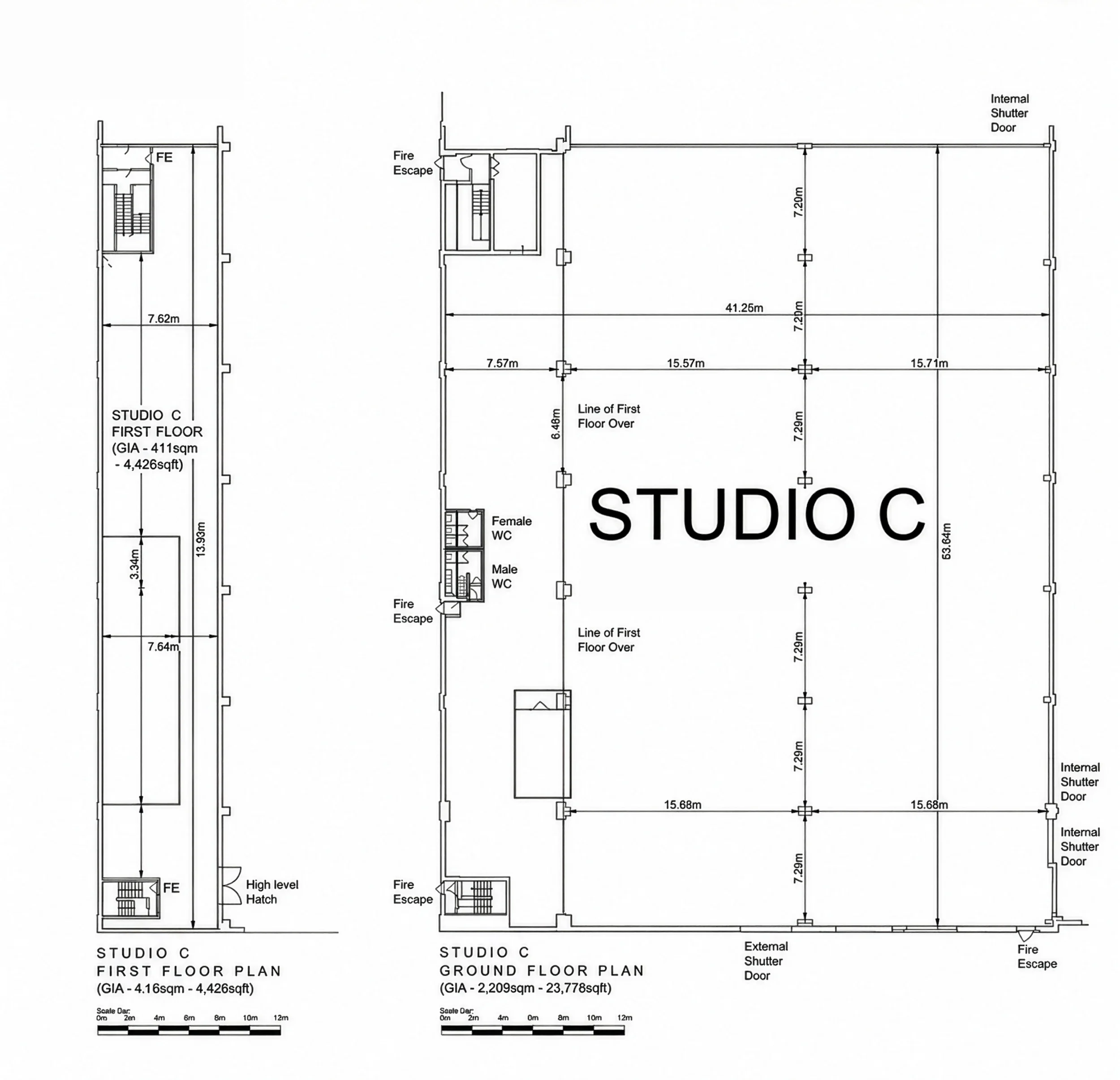 Blueprint plans of a building, including first floor, ground floor, and studio layouts with measurements and labels for fire escape, WC, and shutter doors.
