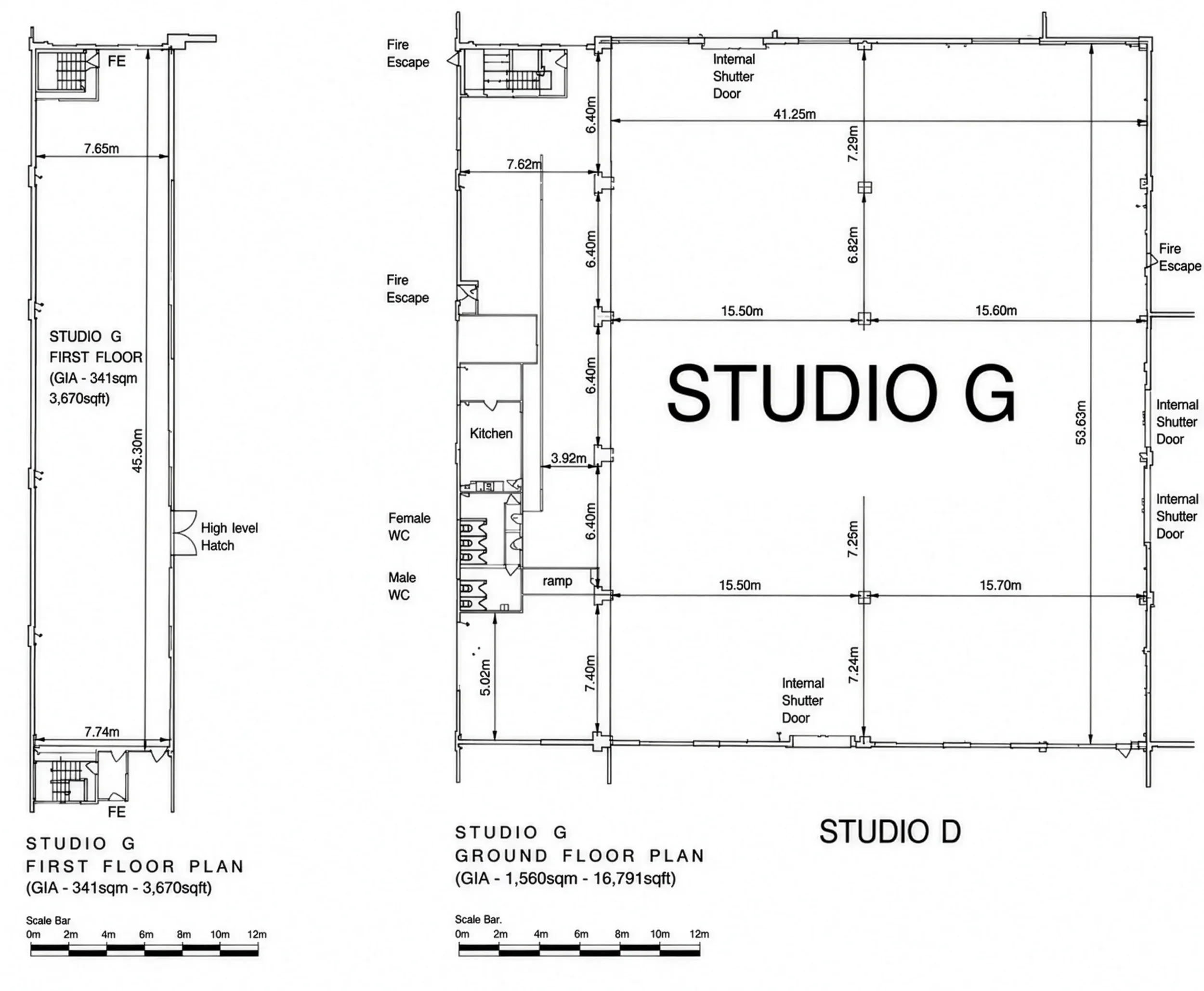Blueprints of a building's floor plans, including layouts for Studio G First Floor, Ground Floor, and Studio D with detailed measurements and labels.