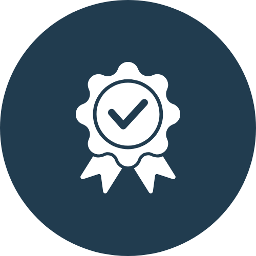 Icon of a medal with a checkmark in the center, representing achievement or certification.