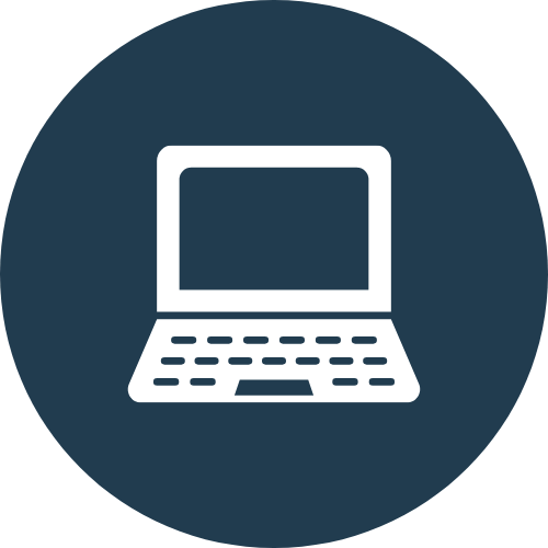 Icon of a laptop computer on a dark blue circular background.
