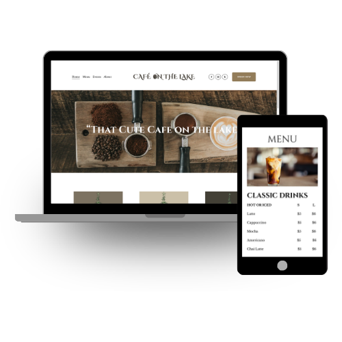 Website homepage displayed on a laptop and menu on a tablet for Cafe on the Lake, featuring coffee drinks and an online menu.