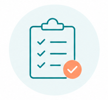 A checklist with three checked items on a clipboard and an orange circle with a checkmark at the bottom right.
