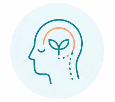 A line drawing of a person's head in profile with a leaf inside the brain area, representing thoughts or mental health, with a dotted line leading from the head to an external outline.