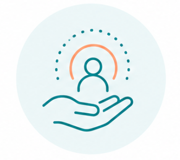 An outline of a hand holding a person icon with curved lines and dots surrounding the figure.