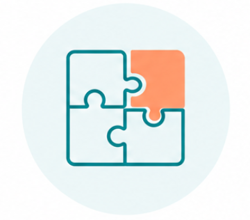 A stylized puzzle with four interconnected pieces, one orange piece on the top right.