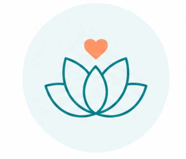 A simple line drawing of a lotus flower with a small orange heart above it, set against a light blue circular background.