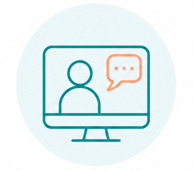 Icon of a person on a computer screen with a speech bubble.