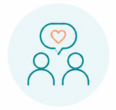 Two simple line drawings of people with a speech bubble containing a heart above them