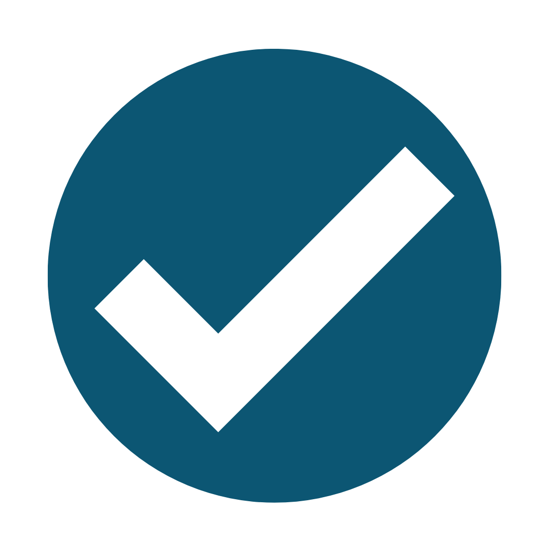 A large blue circle with a white check mark in the center