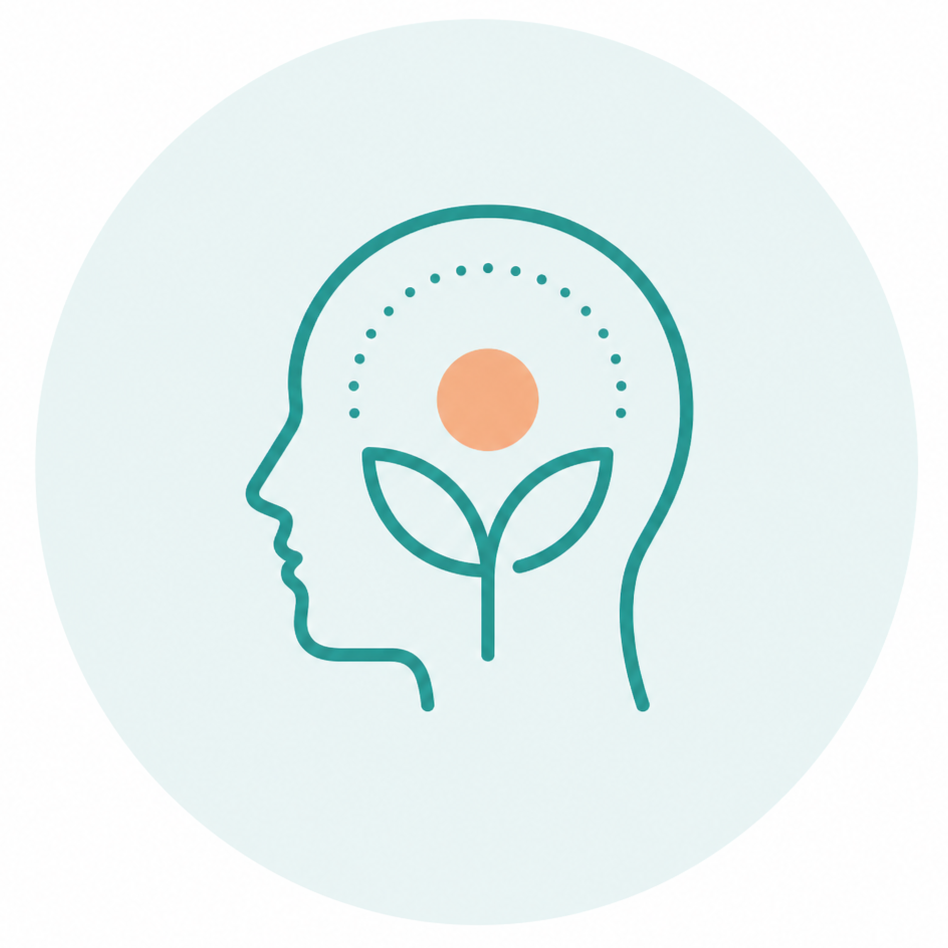Minimalist illustration of a human head in side profile with a line drawing of a plant inside it, symbolizing mental health or mindfulness.