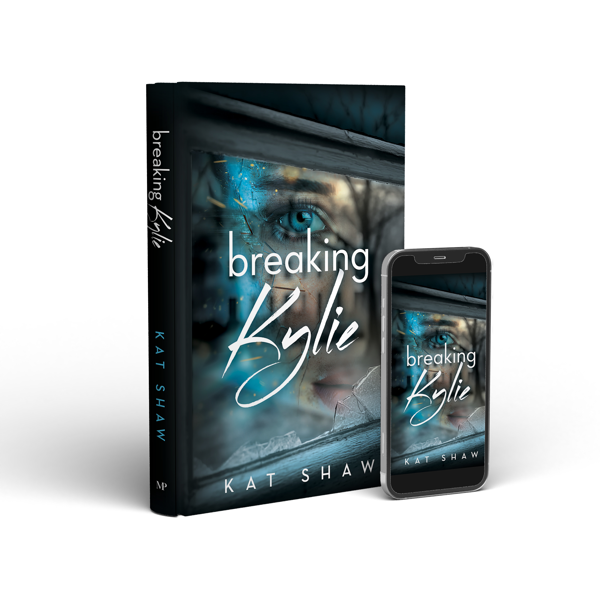 Book titled "Breaking" by Kat Shaw displayed alongside a smartphone showing the same book cover, with a dark background and an eye illustration.