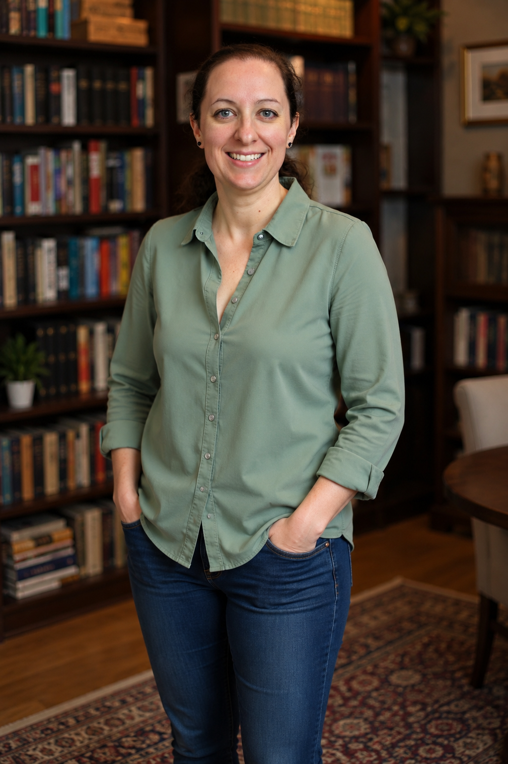 Kat Shaw, YA author and narcissistic abuse awareness advocate, smiling in front of a bookshelf
