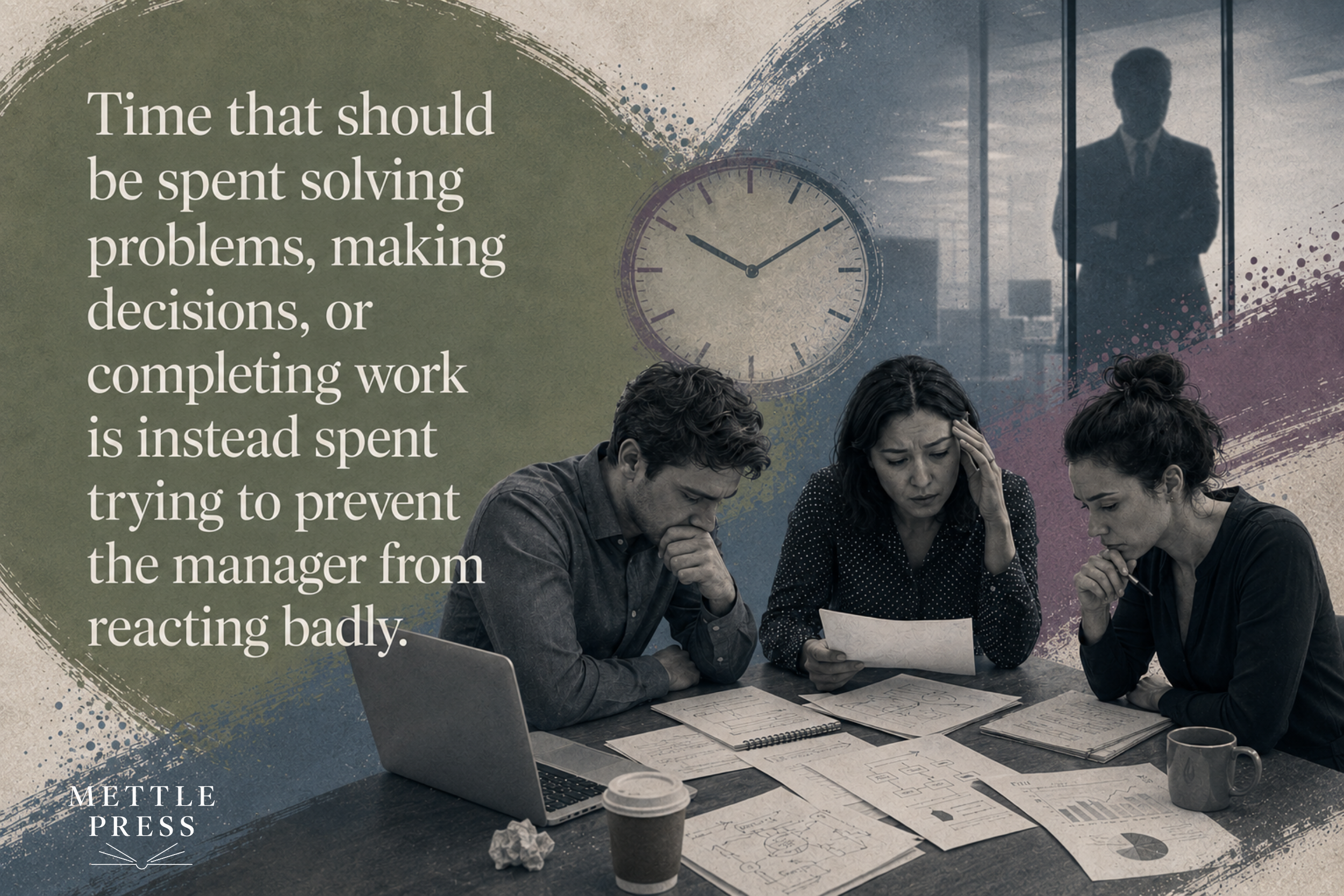 Three stressed employees work around a table beneath a clock while a manager looms in the background, illustrating time lost managing a supervisor’s reactions instead of solving problems and completing work.
