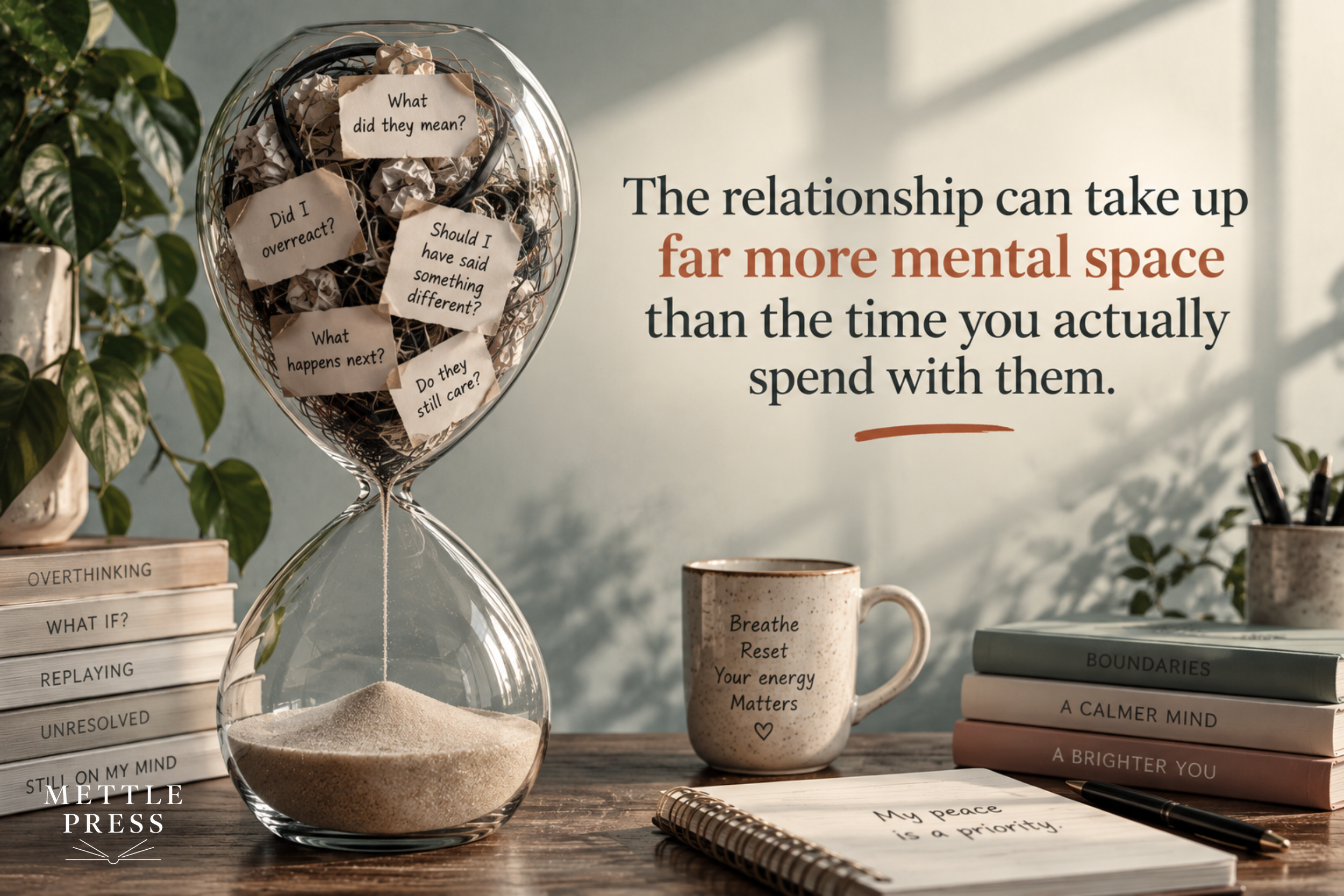 Editorial still life with a large hourglass filled with tangled thoughts and handwritten notes, beside the quote, “The relationship can take up far more mental space than the time you actually spend with them.”