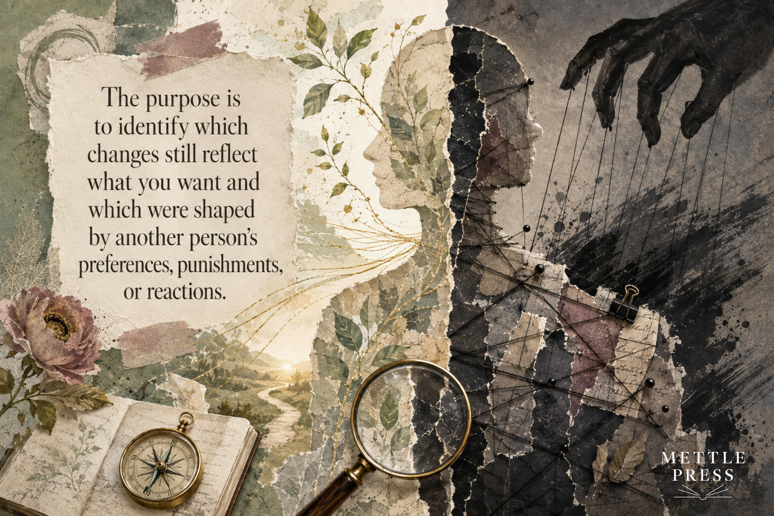 Layered collage of a divided human silhouette, botanical elements, pinned strings, and a controlling hand illustrates separating personal choices from changes shaped by another person’s preferences, punishments, or reactions.