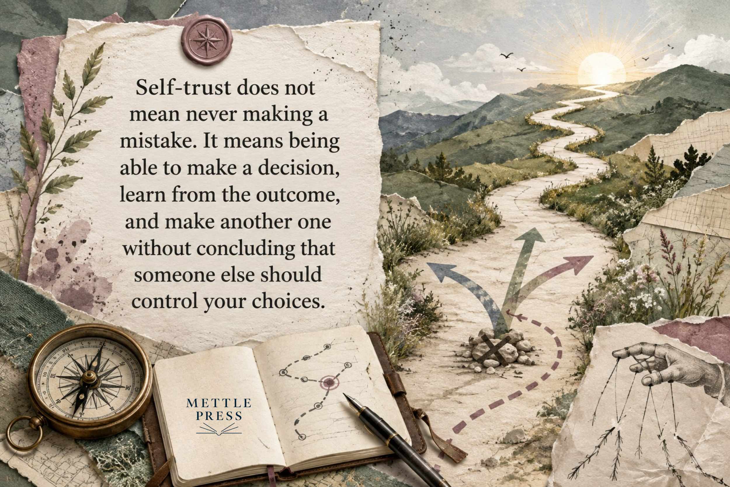 A winding path, branching arrows, compass, journal, and marionette hand symbolize rebuilding self-trust by making decisions, learning from outcomes, and continuing without giving someone else control over your choices.