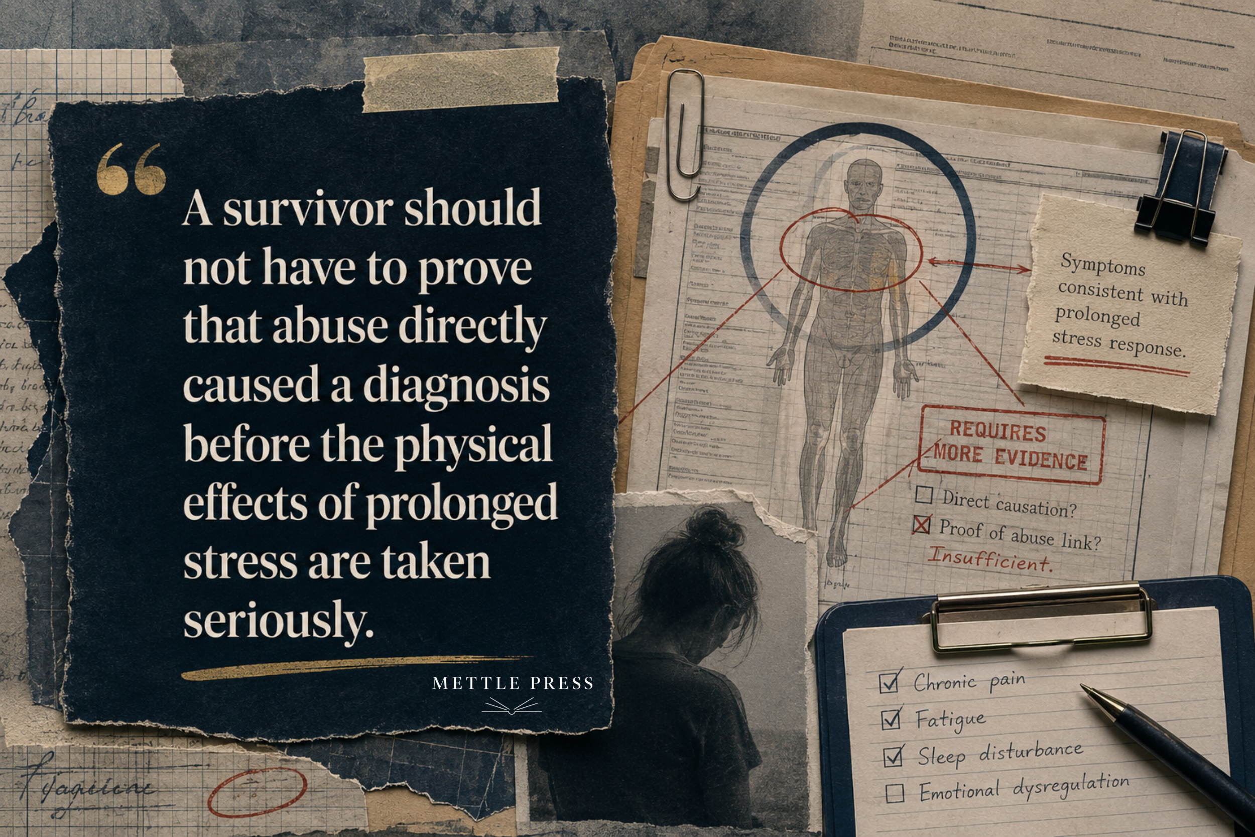 Editorial collage illustrating the medical effects of prolonged abuse, with a survivor quote beside a body diagram, medical notes questioning causation, and a checklist showing chronic pain, fatigue, and sleep disturbance.