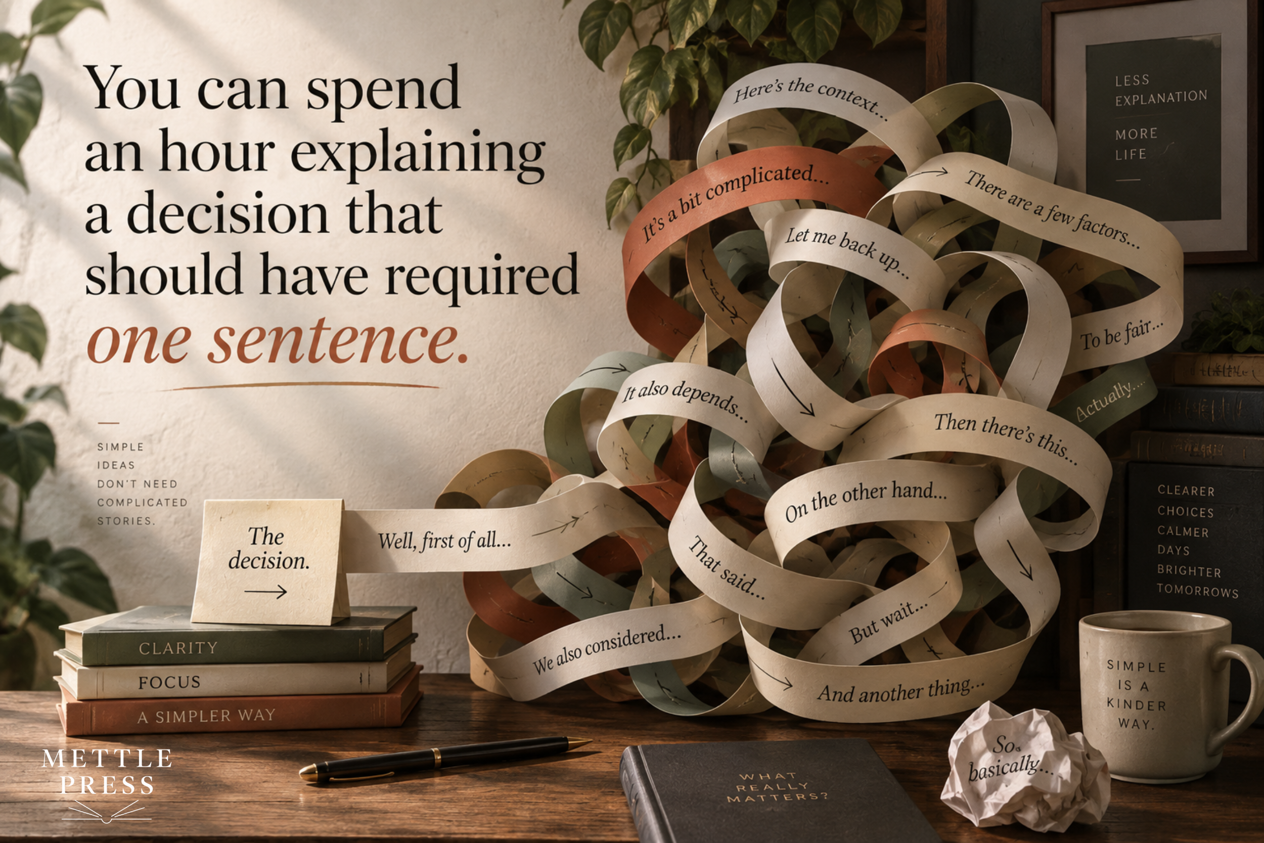 Editorial desk scene with tangled paper ribbons covered in over-explaining phrases, beside the quote, “You can spend an hour explaining a decision that should have required one sentence.”