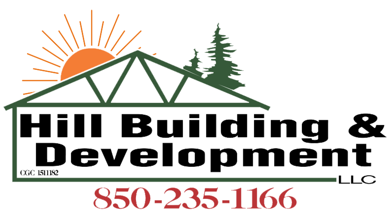 Logo for Hill Building & Development Inc. featuring a green house, trees, and a sun, with the company name and phone number in red.