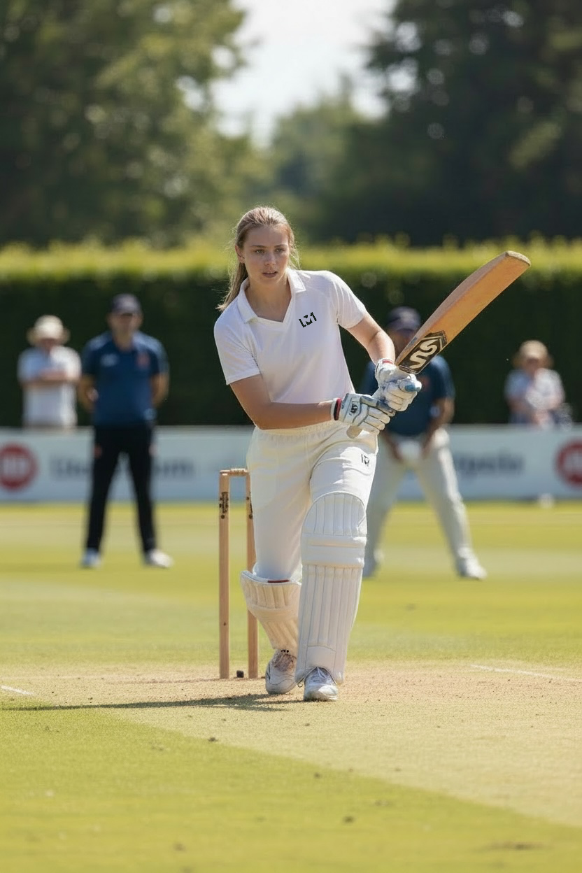 A female cricket player in white uniform is running between the wickets during a cricket match on a sunny field.
