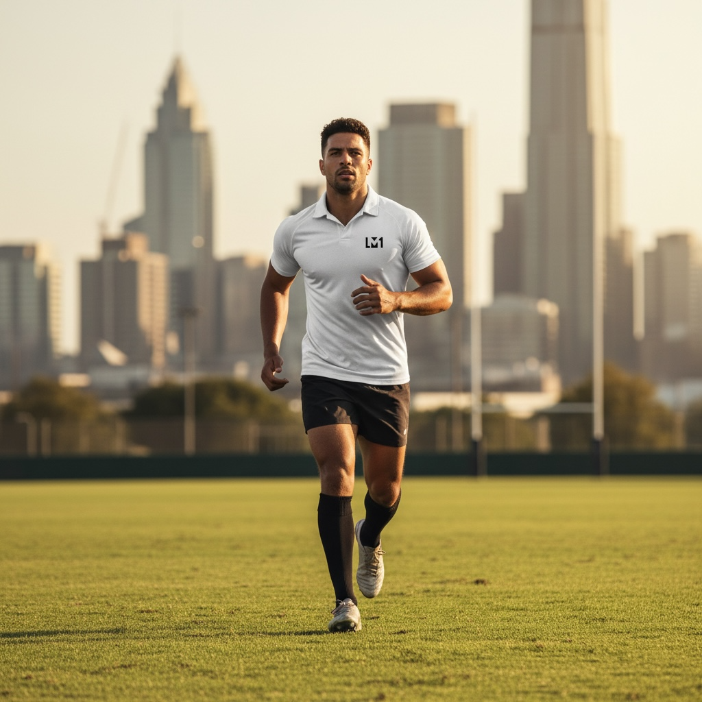 Man jogging on a grassy field with a city skyline in the background during sunset.