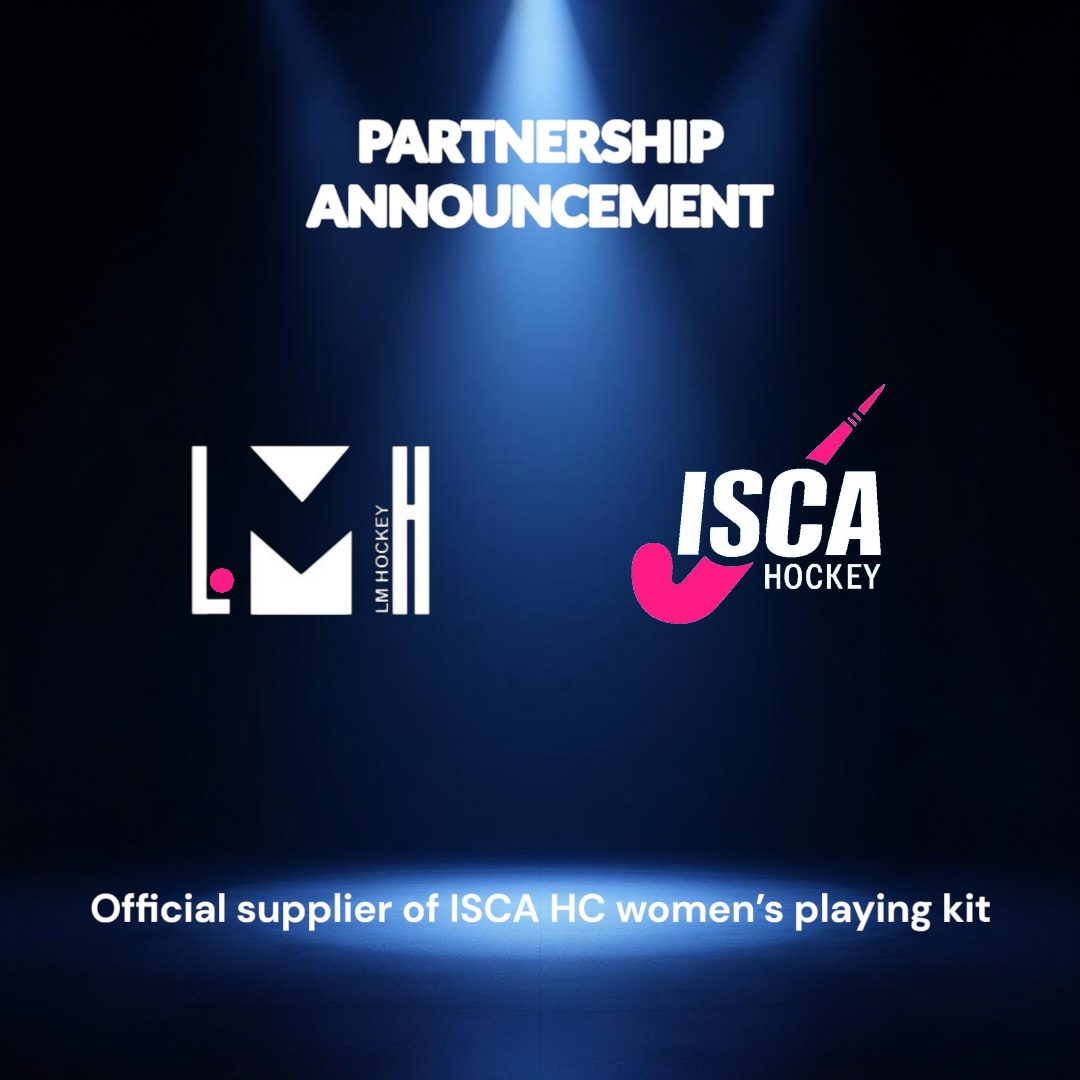 Announcement of partnership between LM Hockey and ISCA Hockey, official supplier of ISCA HC women's playing kit, with logos of both organizations on a dark background.