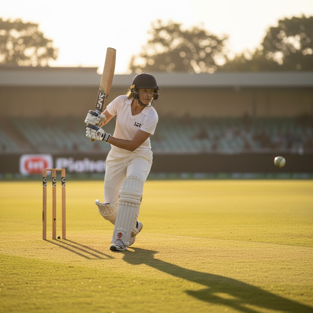 Female cricket player wearing white uniform, batting with bat during a game on a grass field at sunset.