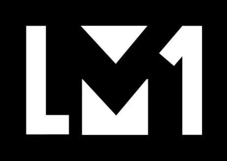 Black background with white 'L', 'M', and '1' letters and a downward-pointing triangle symbol.