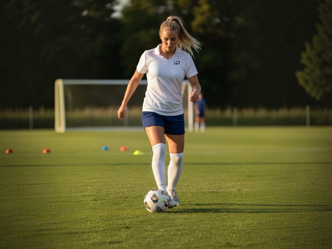 A woman in a white soccer jersey, navy shorts, and knee-high white socks is playing soccer on a green field, with a soccer goal and trees in the background.