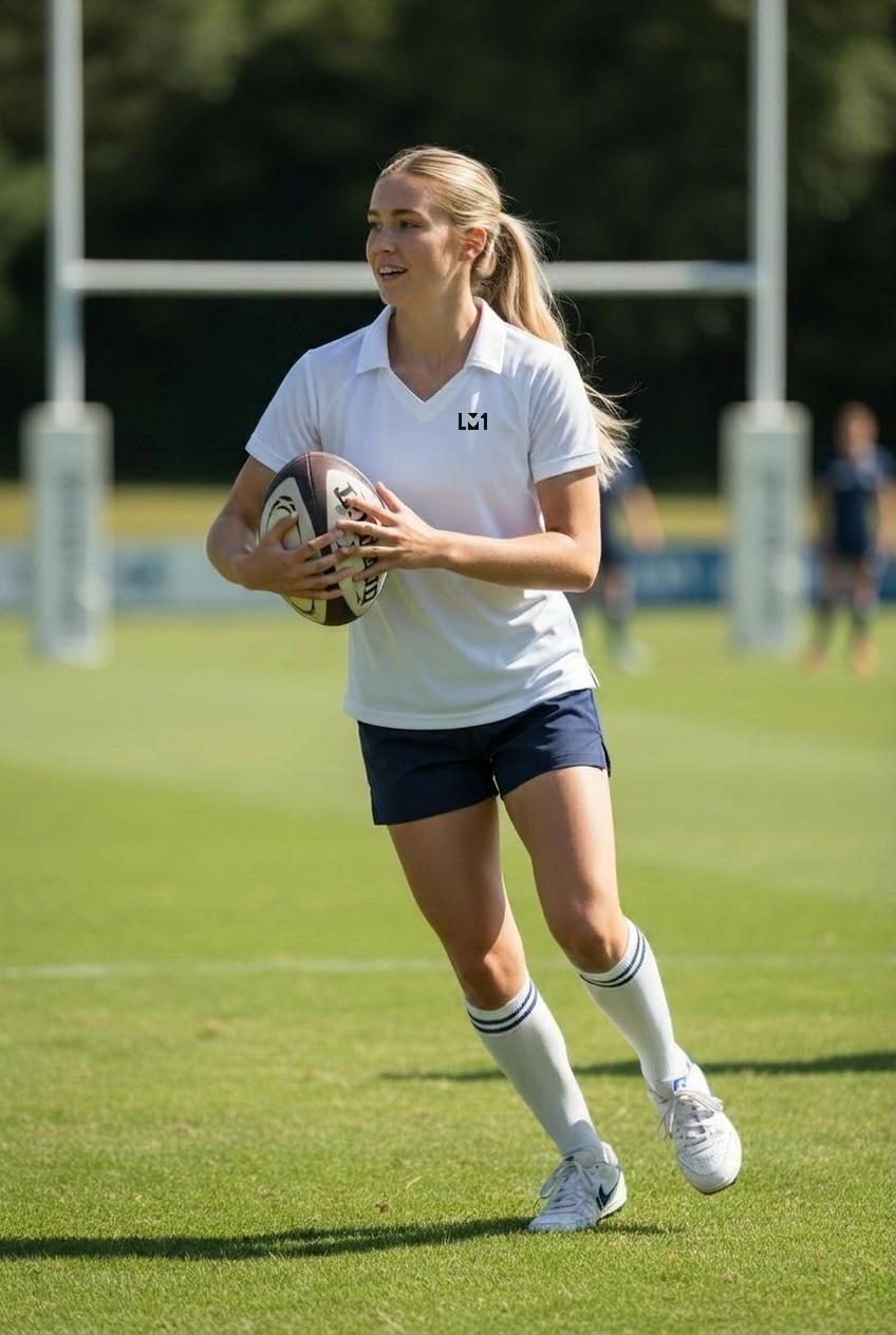 A young woman in a white sports shirt and navy shorts holding a rugby ball on a grassy field during a game.