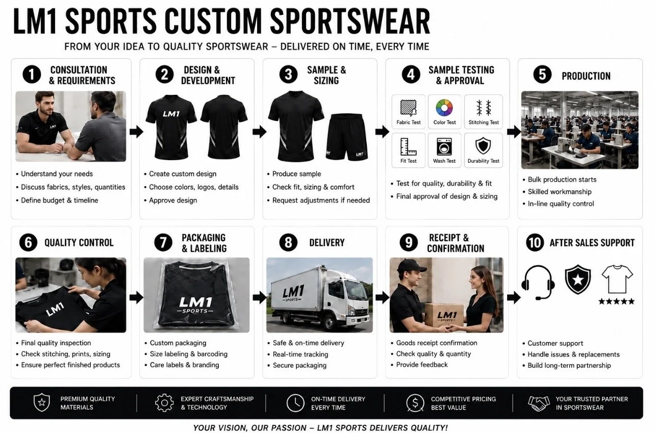 Infographic outlining the 10-step process of LM1 Sports Custom Sportswear, from consultation and design to after-sales support, including images of people discussing, designing, testing, and producing sportswear.