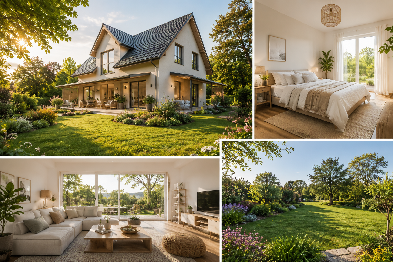 Une maison moderne avec un grand jardin verdoyant, vue intérieure d'une chambre avec lit blanc et grande fenêtres, salon avec canapé blanc et mobilier naturel, et un jardin fleuri sous un ciel dégagé.