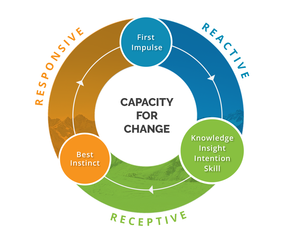 Capacity For Change: First Impulse --> Reactive --> Knowledge, Insight, Intention, Skill --> Receptive --> Best Instinct --> Responsive