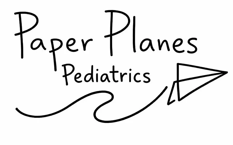 Hand-drawn black text reading "Paper Planes Pediatrics" with a paper airplane illustration and a decorative swirl.