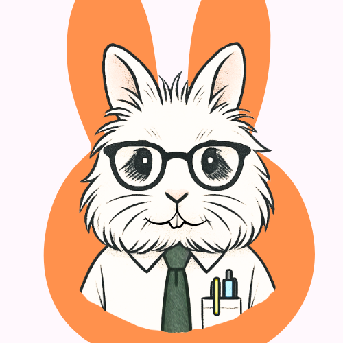 A cartoon illustration of a rabbit with glasses, wearing a white shirt and tie, with a pen in a pocket, and large orange bunny ears in the background.