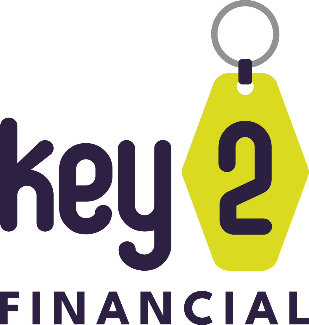 Logo for Key 2 Financial featuring the company name and a green and black tag with the number 2 on it.