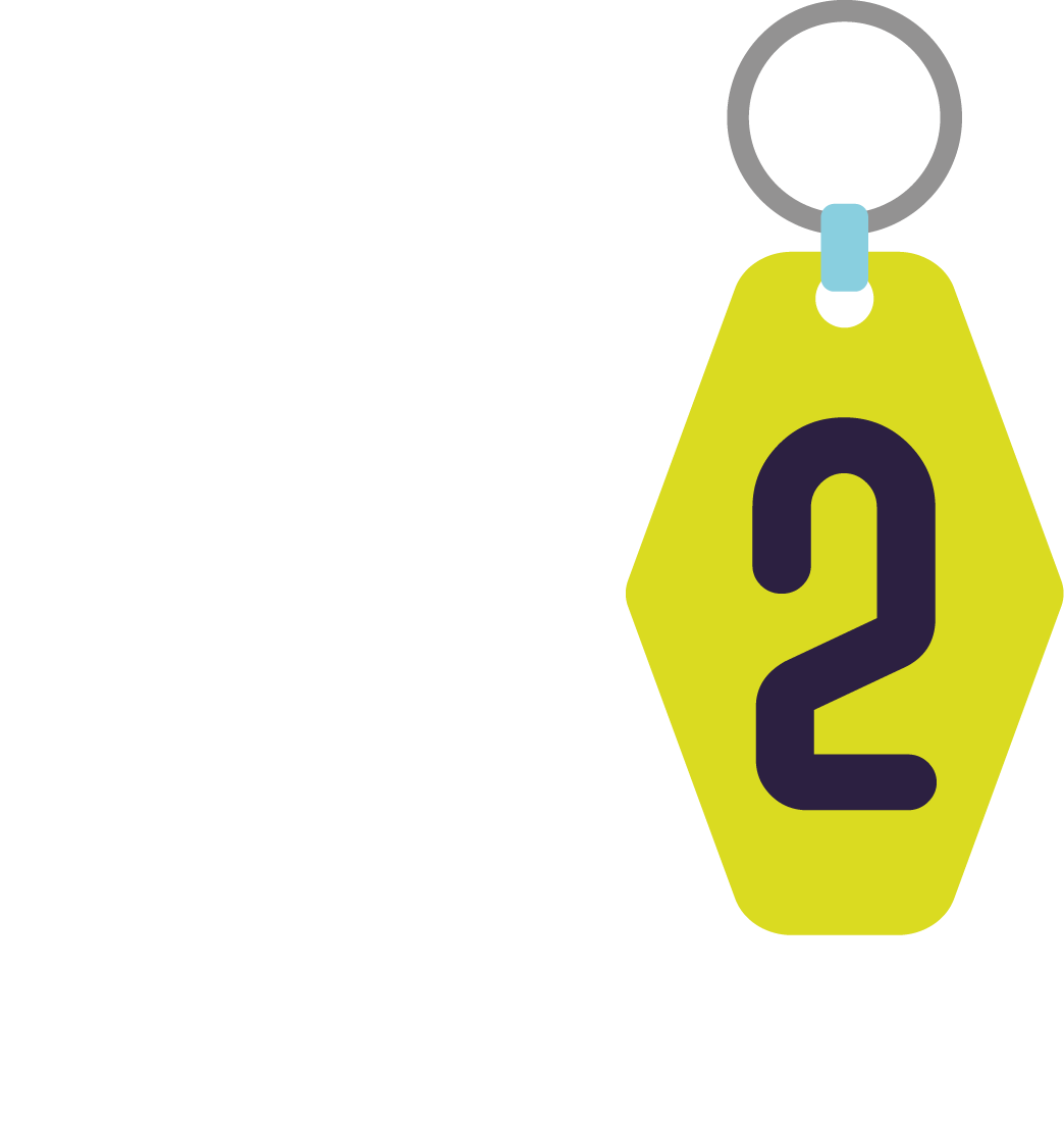 A keychain with a yellow tag displaying the number 2 in black, attached to a gray keyring.