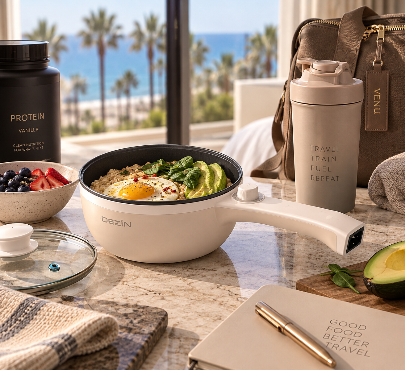 PORTABLE ELECTRIC POT: 

Compact cooking for keeping simple meals and nutrition routines on track while traveling.