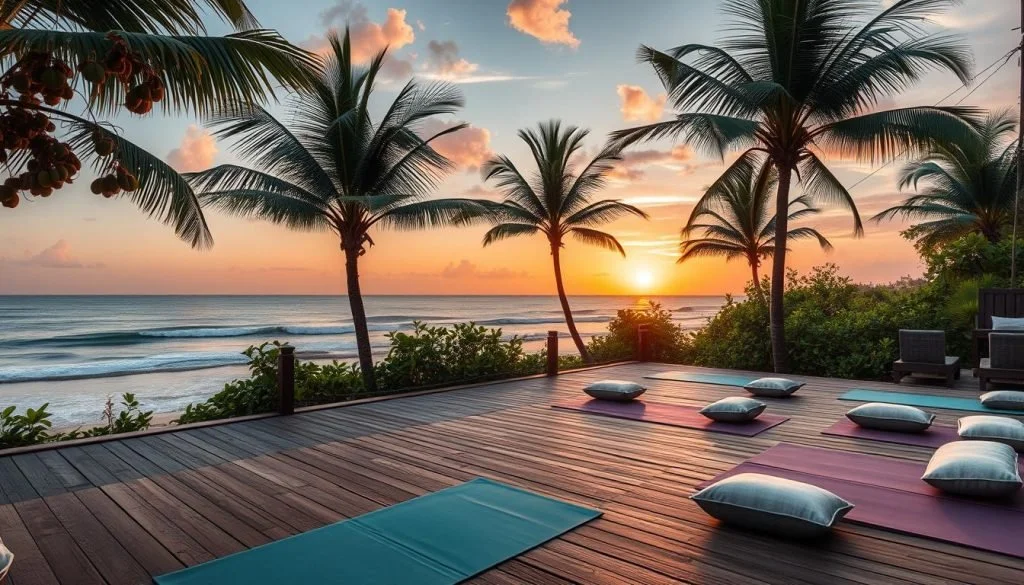Beachside yoga setup on a wooden deck at sunset with palm trees and the ocean in the background.