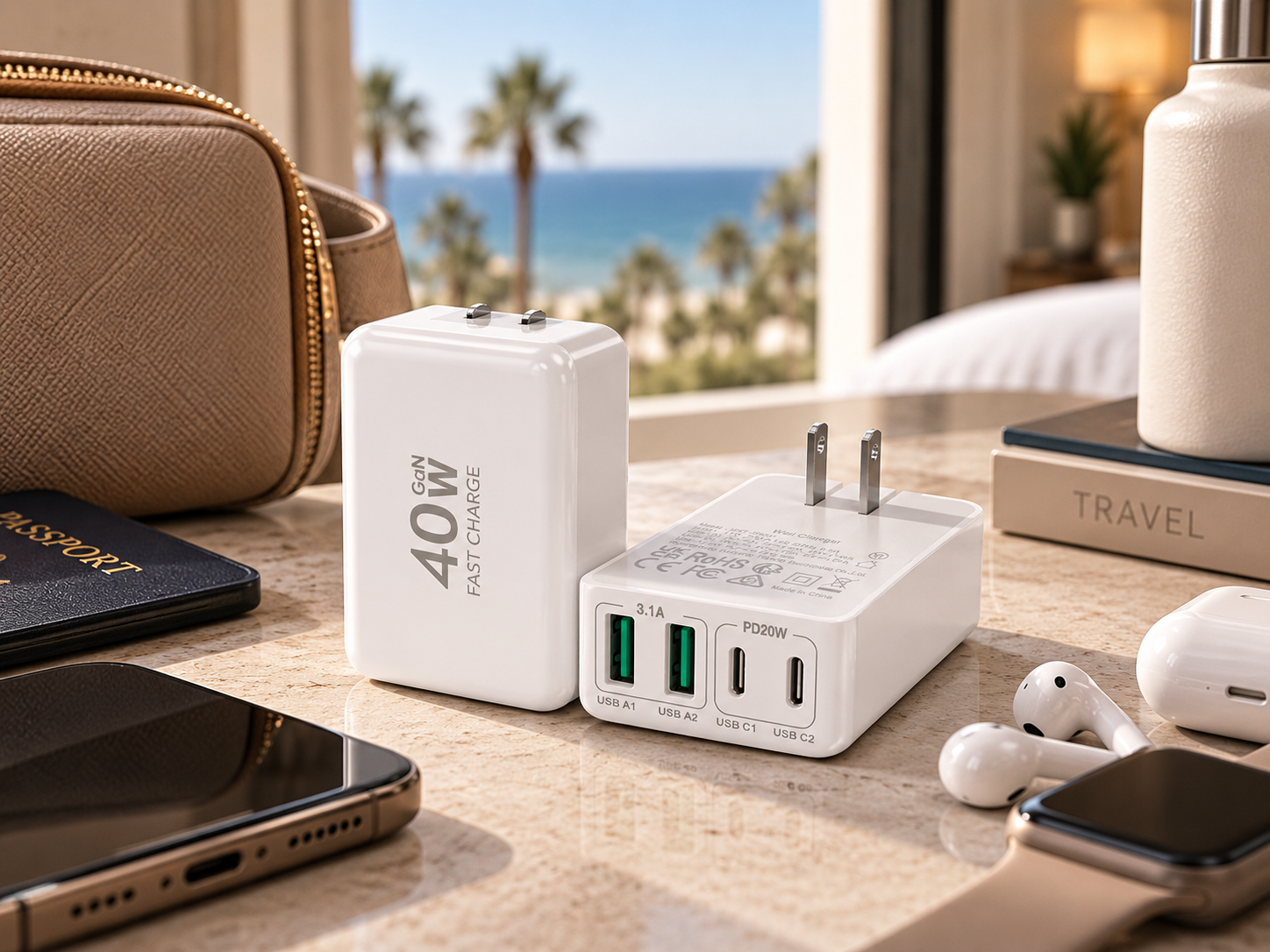 40W MULTIPORT WALL CHARGER: 

Compact four-port charging for keeping multiple devices powered with one travel-ready block.