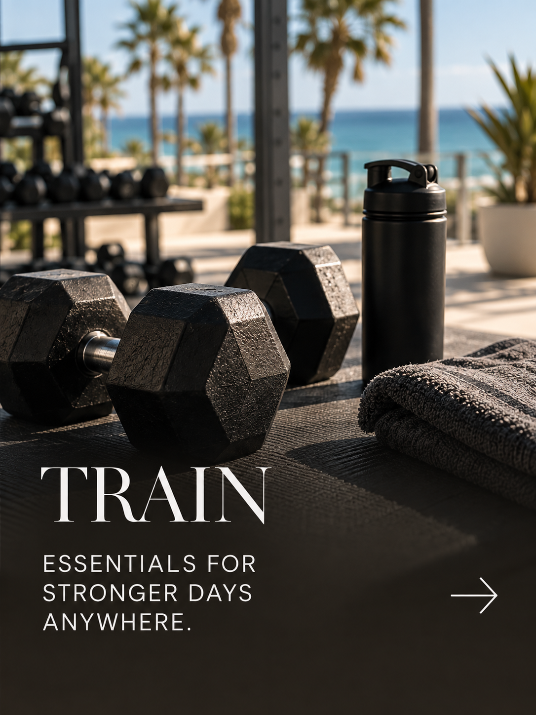 Dumbbells, water bottle, and towel on a black workout mat with palm trees and ocean in the background, promoting fitness essentials for outdoor exercise.