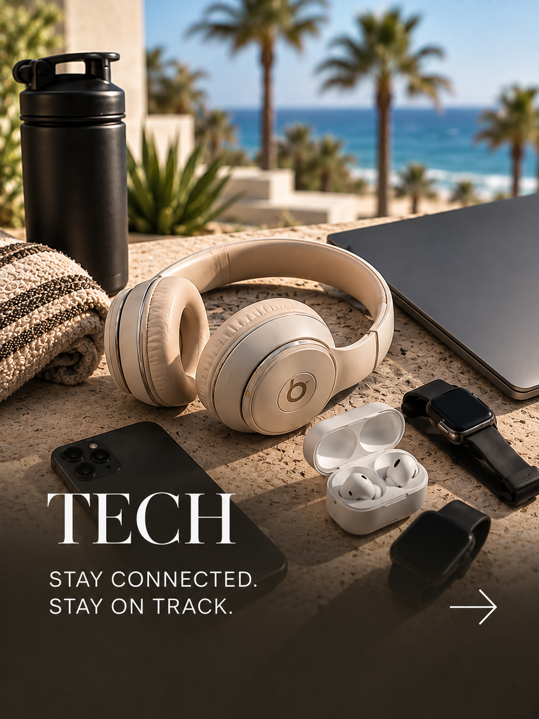 Flat lay of tech gadgets — headphones, smartwatch, phone — for travel.