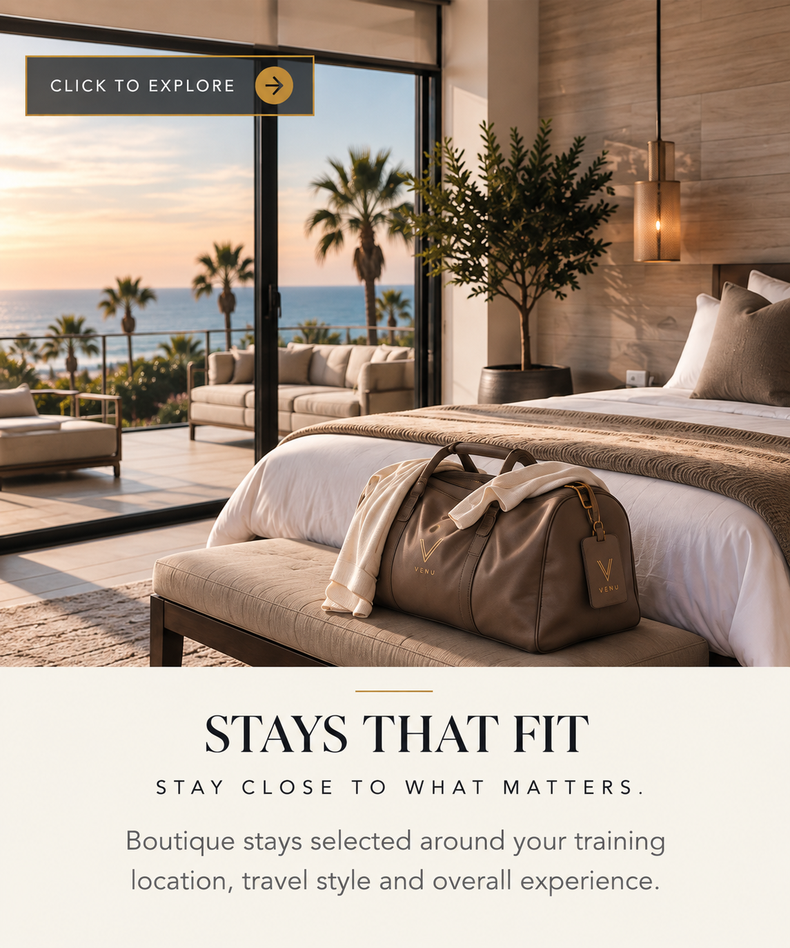 Bedroom with ocean view balcony, for the VENU stays page.